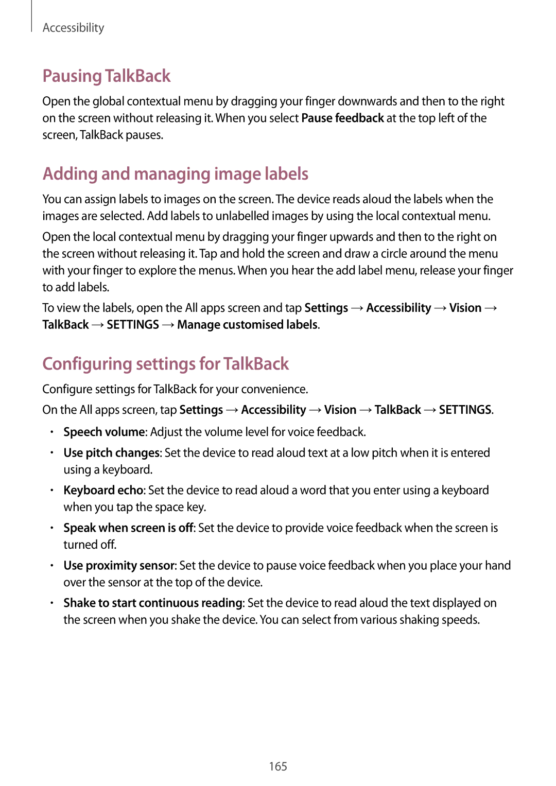 Samsung SM-N910FZKEPHN manual Pausing TalkBack, Adding and managing image labels, Configuring settings for TalkBack 