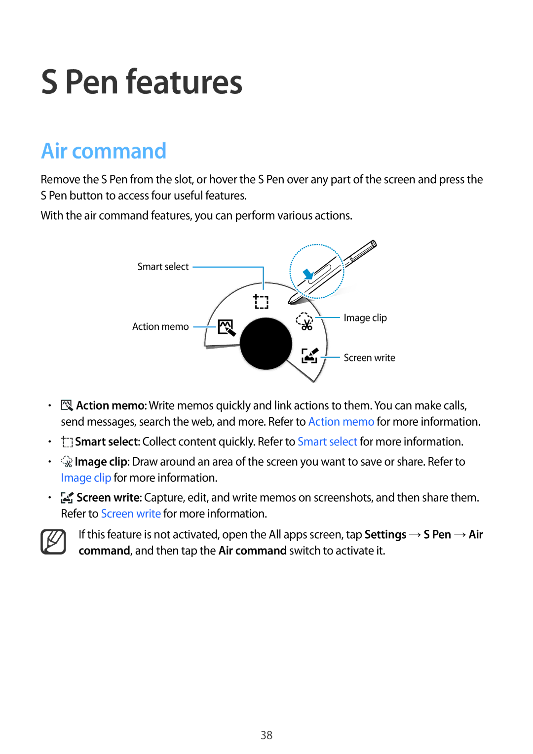 Samsung SM-N910FZKETPL, SM-N910FZWEEUR, SM-N910FZWEDRE, SM-N910FZWECOS, SM-N910FZKESFR manual Pen features, Air command 