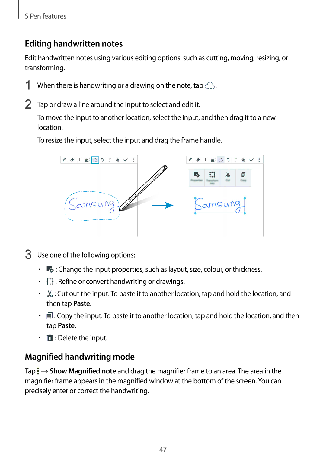 Samsung SM-N910FZWETPL, SM-N910FZWEEUR, SM-N910FZWEDRE, SM-N910FZWECOS Editing handwritten notes, Magnified handwriting mode 