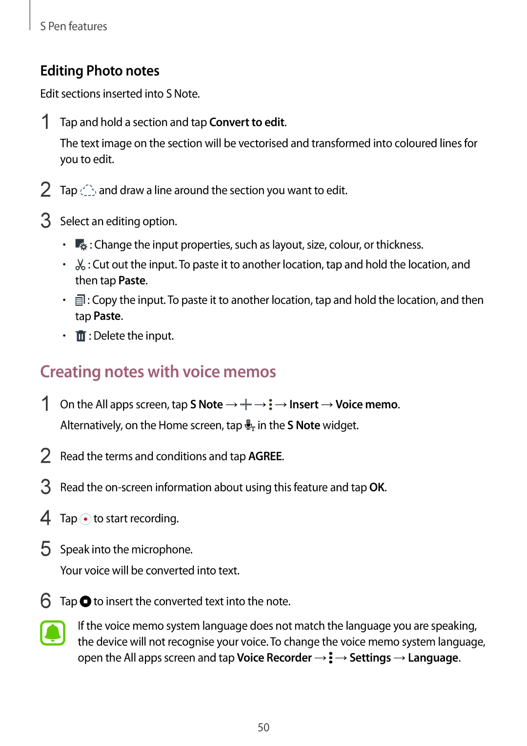 Samsung SM-N910FZWEPLS, SM-N910FZWEEUR, SM-N910FZWEDRE, SM-N910FZWECOS Creating notes with voice memos, Editing Photo notes 