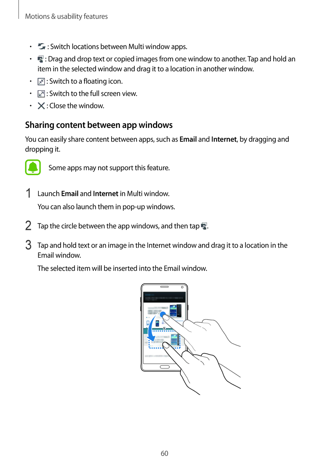 Samsung SM-N910FZKEOMN, SM-N910FZWEEUR Sharing content between app windows, Switch locations between Multi window apps 