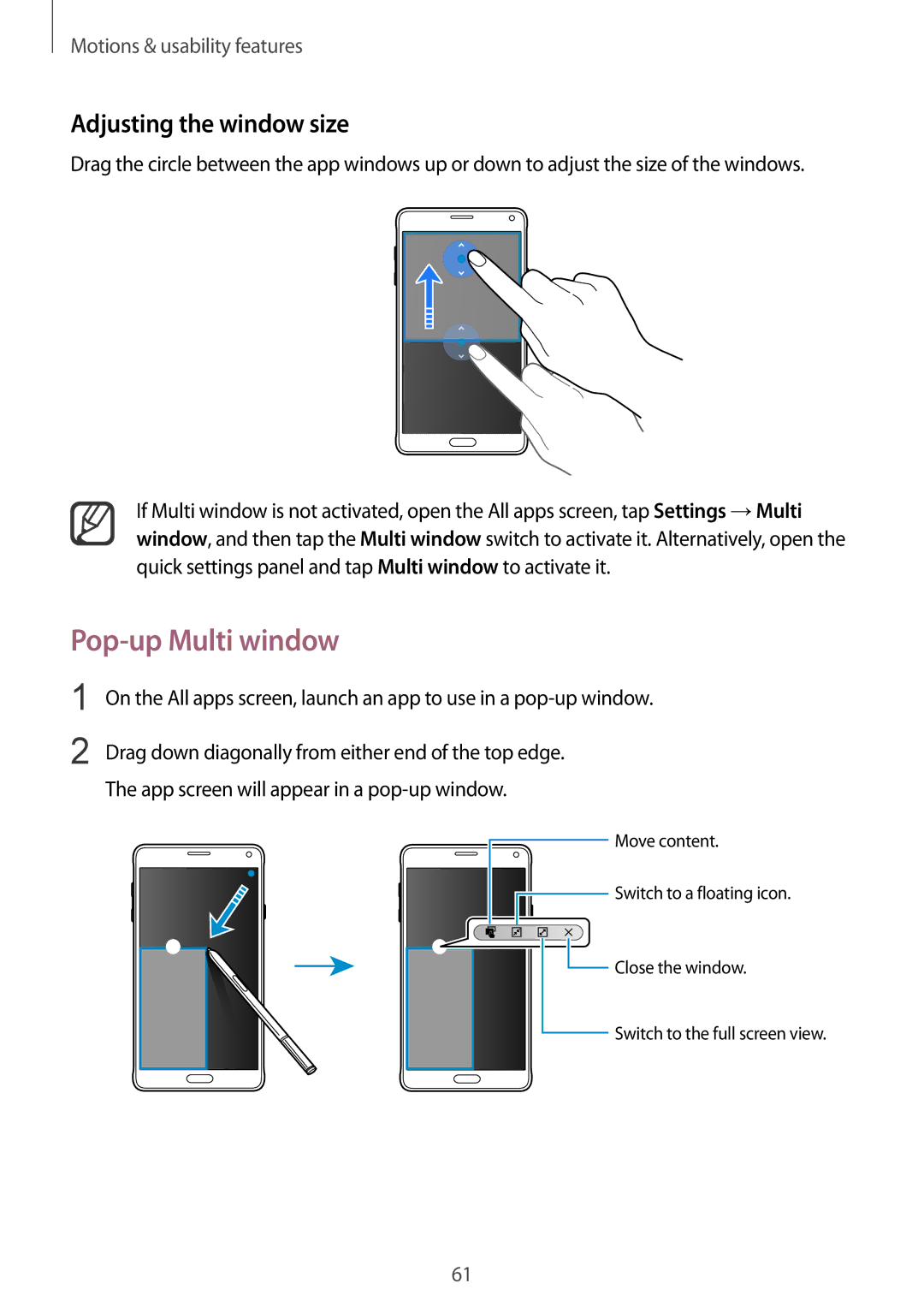 Samsung SM-N910FZKELUX, SM-N910FZWEEUR, SM-N910FZWEDRE, SM-N910FZWECOS manual Pop-up Multi window, Adjusting the window size 