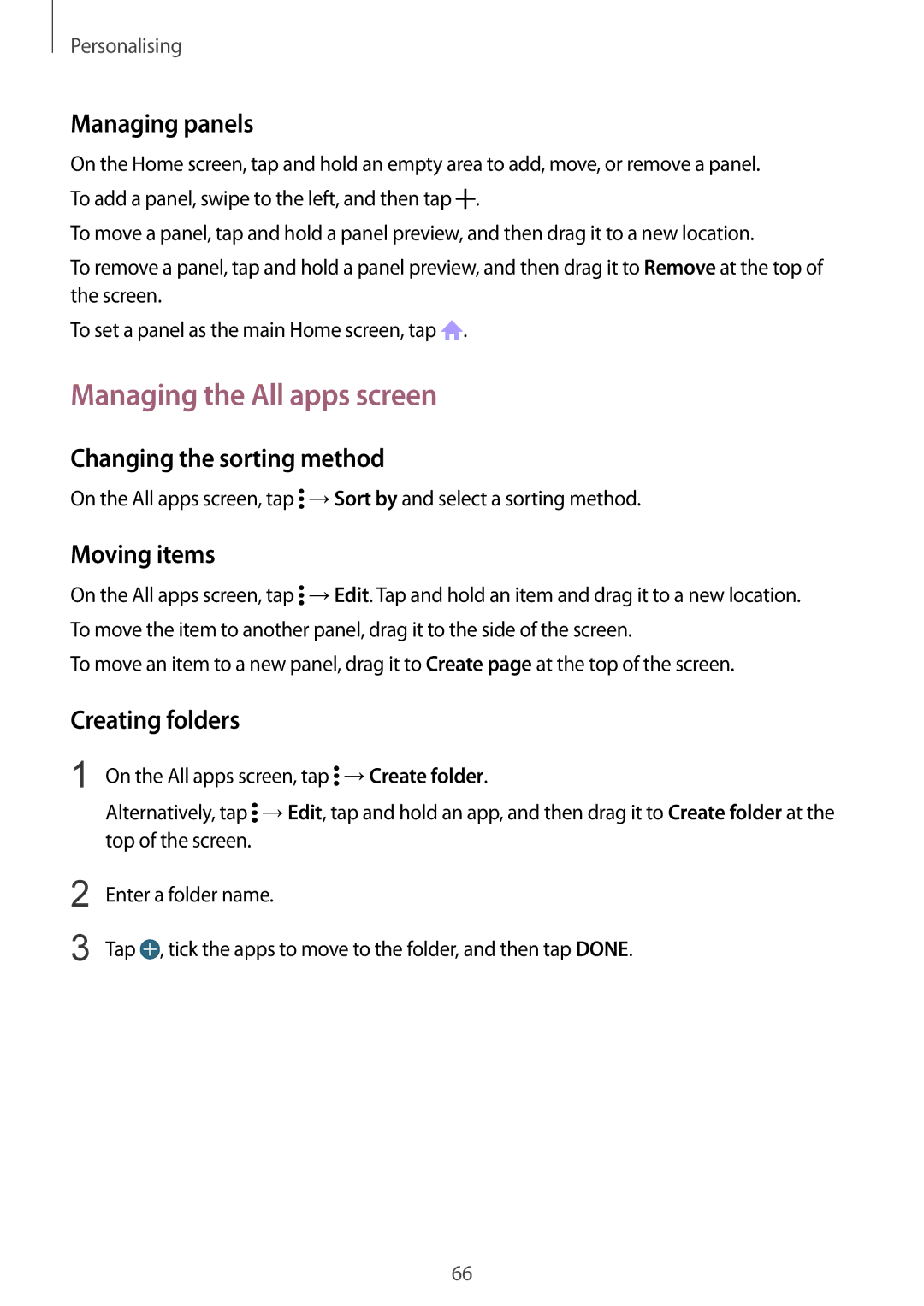 Samsung SM-N910FZDEITV manual Managing the All apps screen, Managing panels, Changing the sorting method, Moving items 