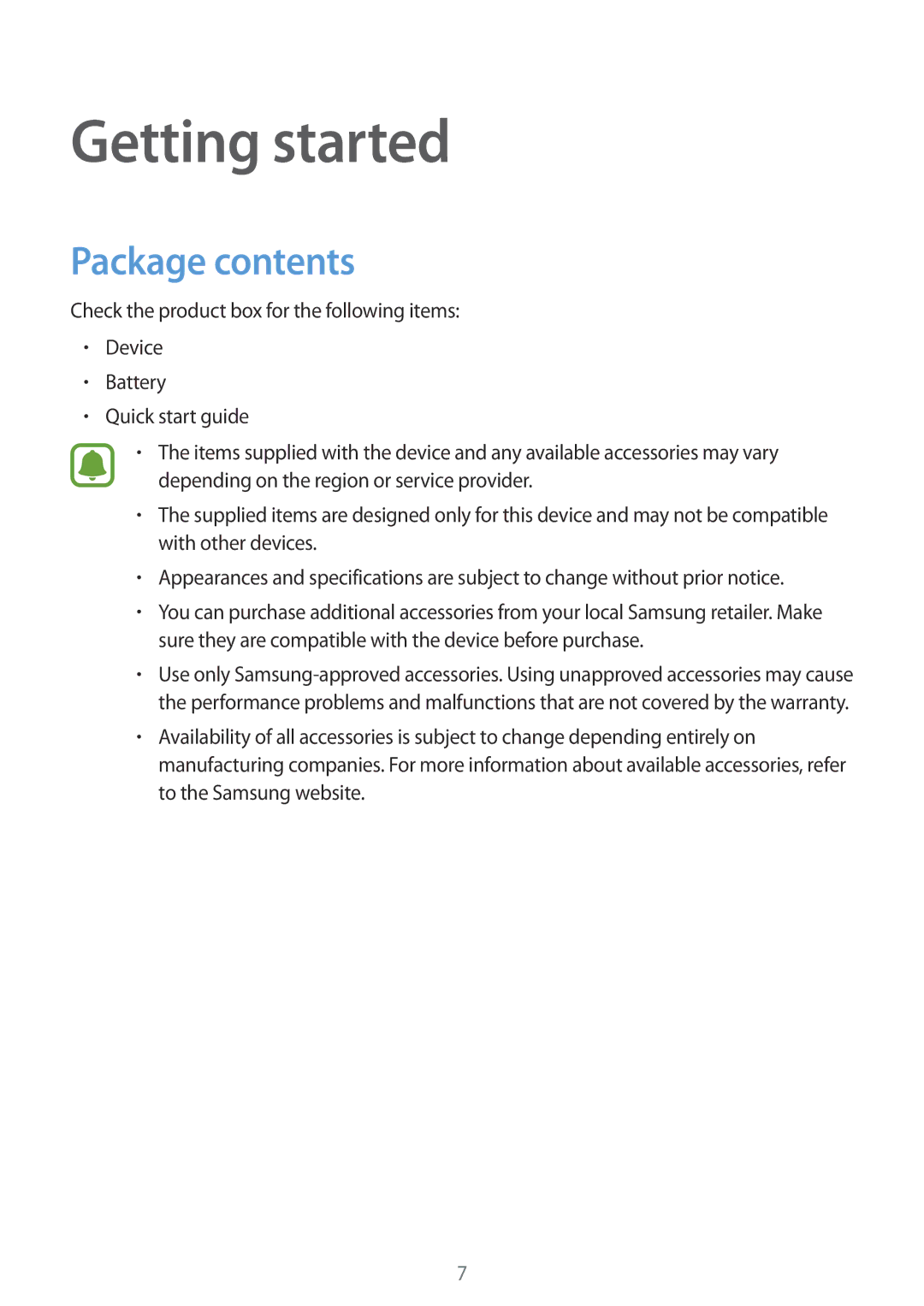 Samsung SM-N910FZKETPH, SM-N910FZWEEUR, SM-N910FZWEDRE, SM-N910FZWECOS, SM-N910FZKESFR manual Getting started, Package contents 