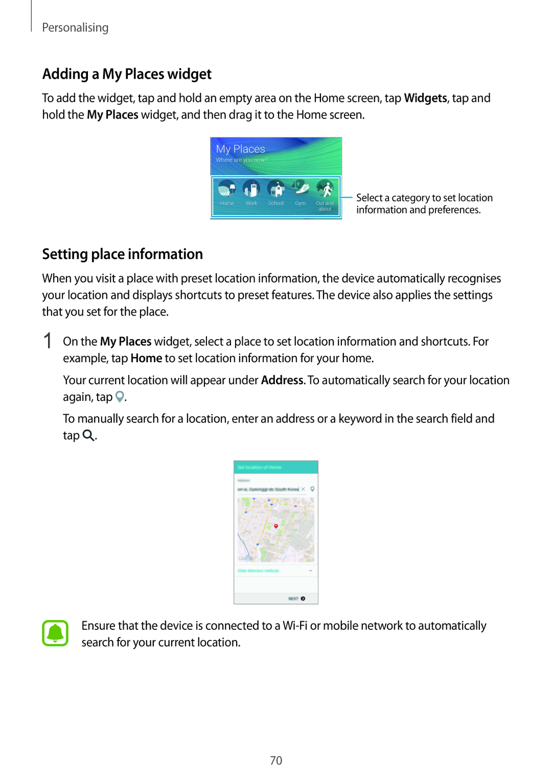 Samsung SM-N910FZWEOMN, SM-N910FZWEEUR, SM-N910FZWEDRE, SM-N910FZWECOS Adding a My Places widget, Setting place information 