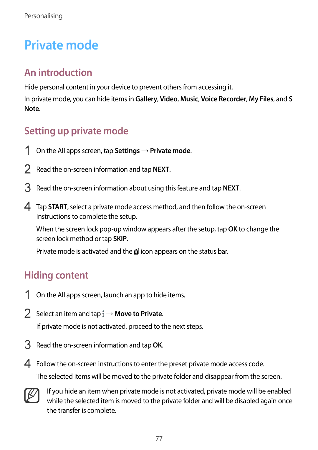 Samsung SM-N910FZKECRO, SM-N910FZWEEUR, SM-N910FZWEDRE, SM-N910FZWECOS Private mode, Setting up private mode, Hiding content 