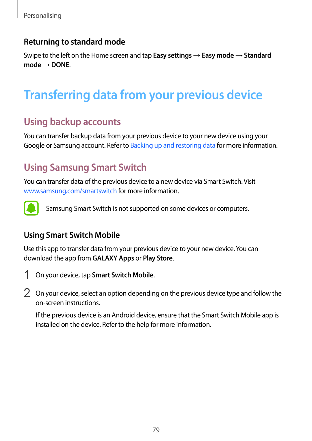 Samsung SM-N910FZKEO2C Transferring data from your previous device, Using backup accounts, Using Samsung Smart Switch 