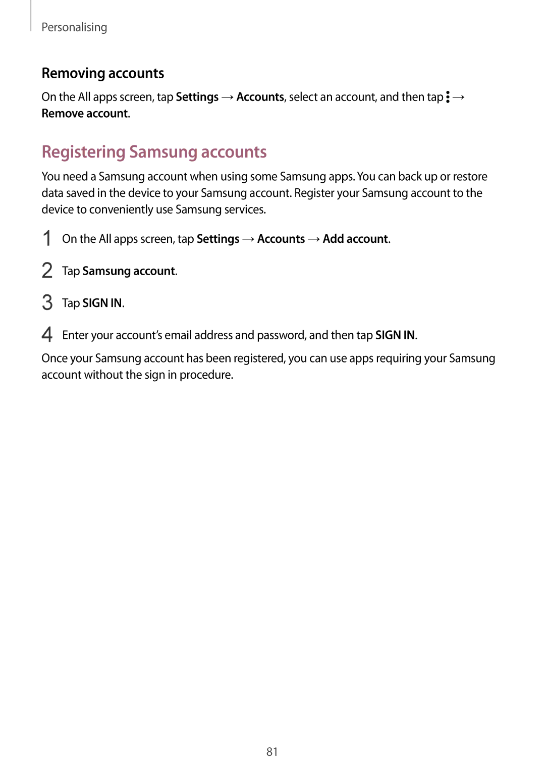 Samsung SM2N910FZWEORX, SM-N910FZWEEUR manual Registering Samsung accounts, Removing accounts, Tap Samsung account Tap Sign 