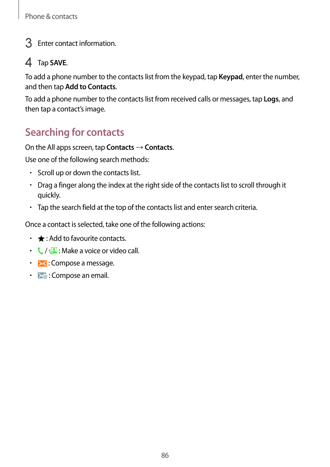 Samsung SM-N910FZKEVDC, SM-N910FZWEEUR, SM-N910FZWEDRE, SM-N910FZWECOS, SM-N910FZKESFR manual Searching for contacts, Tap Save 