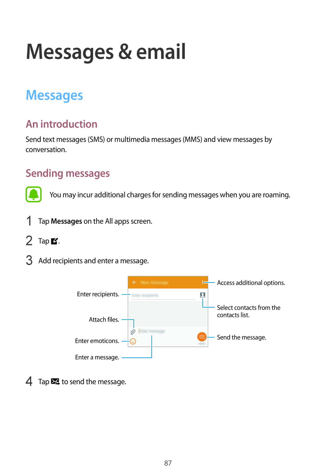 Samsung SM-N910FZKEPAN, SM-N910FZWEEUR, SM-N910FZWEDRE, SM-N910FZWECOS, SM-N910FZKESFR Messages & email, Sending messages 