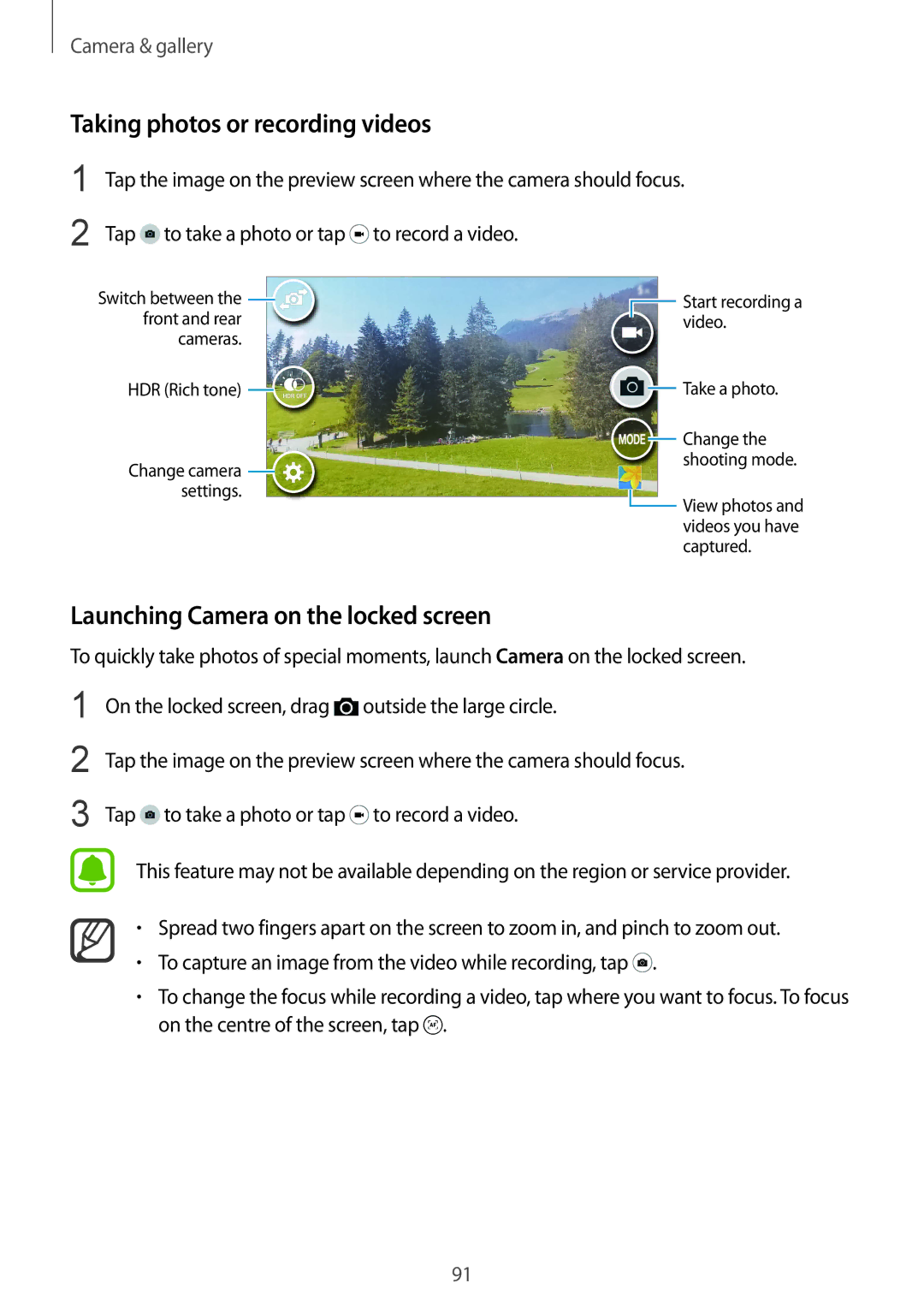 Samsung SM-N910FZKETMS, SM-N910FZWEEUR manual Taking photos or recording videos, Launching Camera on the locked screen 