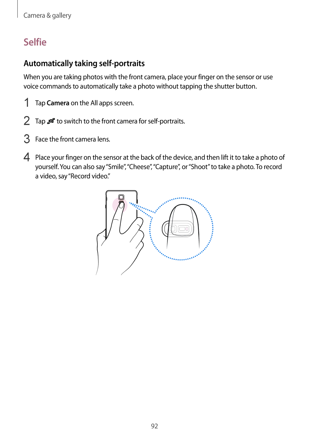 Samsung SM-N910FZIEDRE, SM-N910FZWEEUR, SM-N910FZWEDRE, SM-N910FZWECOS manual Selfie, Automatically taking self-portraits 