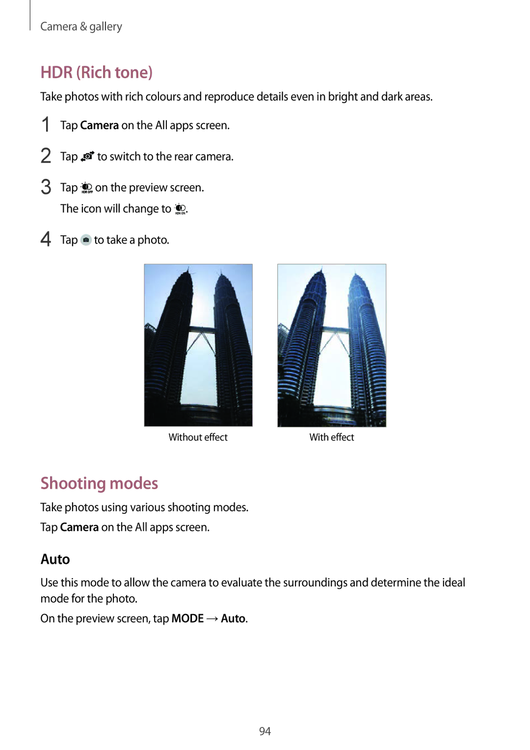 Samsung SM-N910FZKETMH, SM-N910FZWEEUR, SM-N910FZWEDRE manual HDR Rich tone, Shooting modes, Auto, Tap to take a photo 