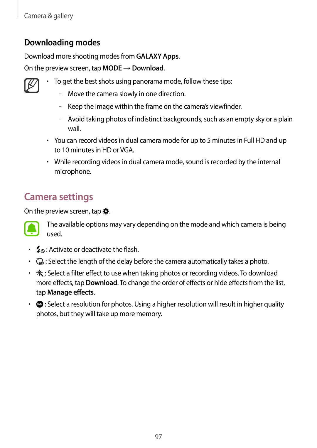 Samsung SM2N910FZKEVDC, SM-N910FZWEEUR, SM-N910FZWEDRE, SM-N910FZWECOS, SM-N910FZKESFR Camera settings, Downloading modes 