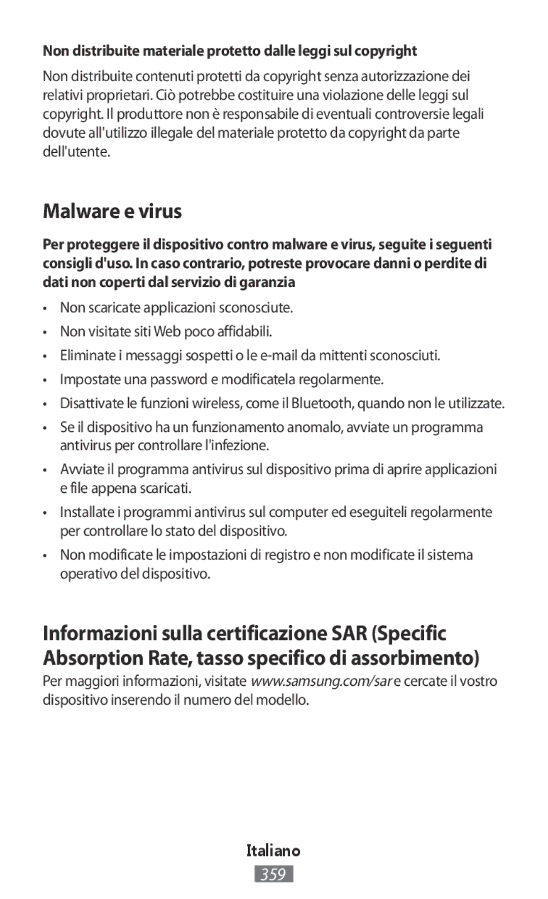 Samsung SM-N910FZWECOS, SM-N910FZWEEUR manual Malware e virus, Non distribuite materiale protetto dalle leggi sul copyright 