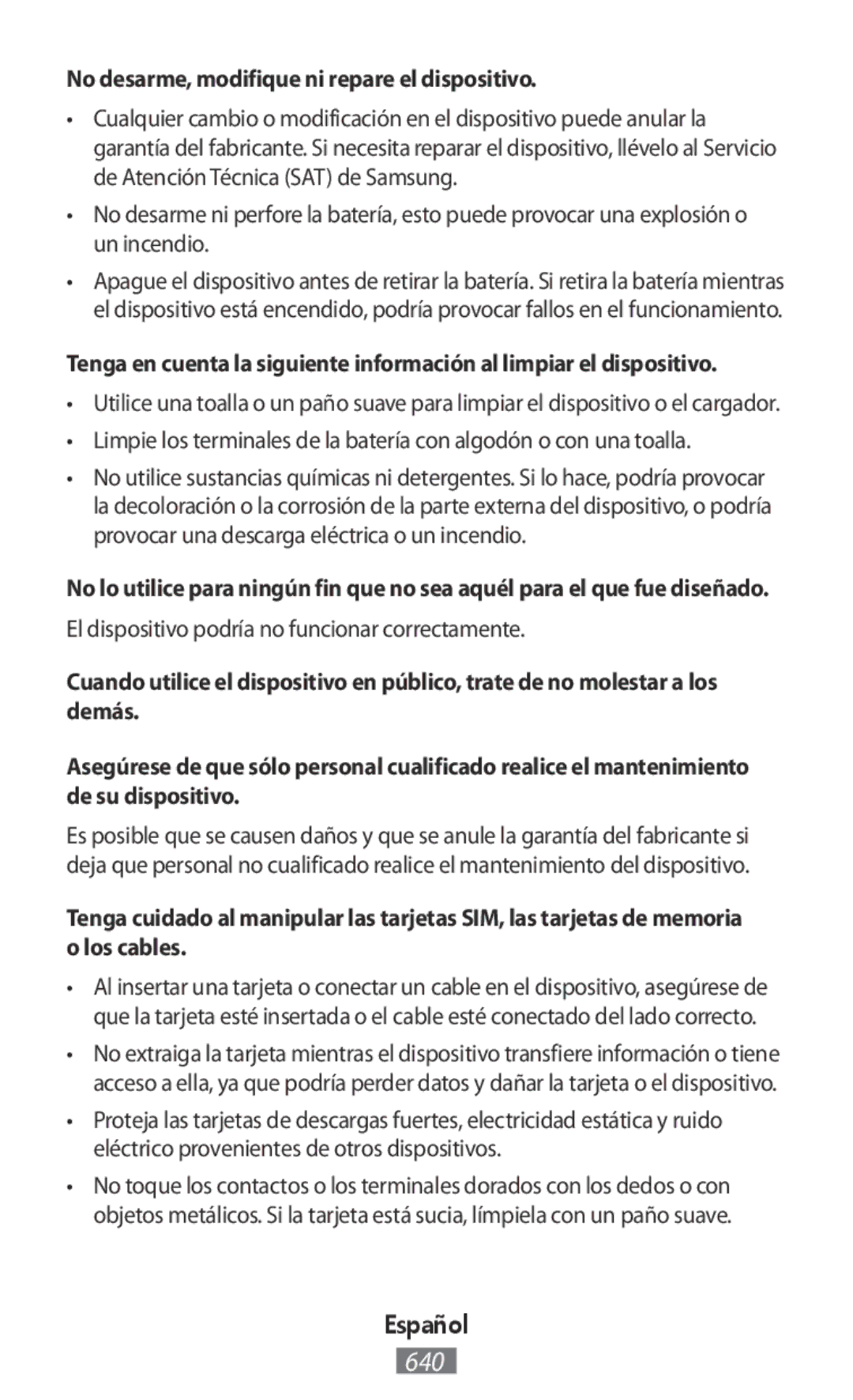 Samsung SM2J120FZKNXEH No desarme, modifique ni repare el dispositivo, El dispositivo podría no funcionar correctamente 