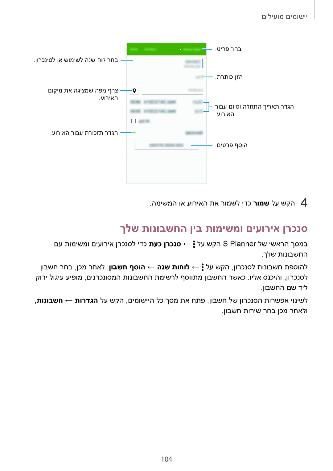 Samsung SM-N910FZDENEE, SM-N910FZWEEUR, SM-N910FZWEDRE, SM-N910FZWECOS manual ךלש תונובשחה ןיב תומישמו םיעוריא ןרכנס, 104 