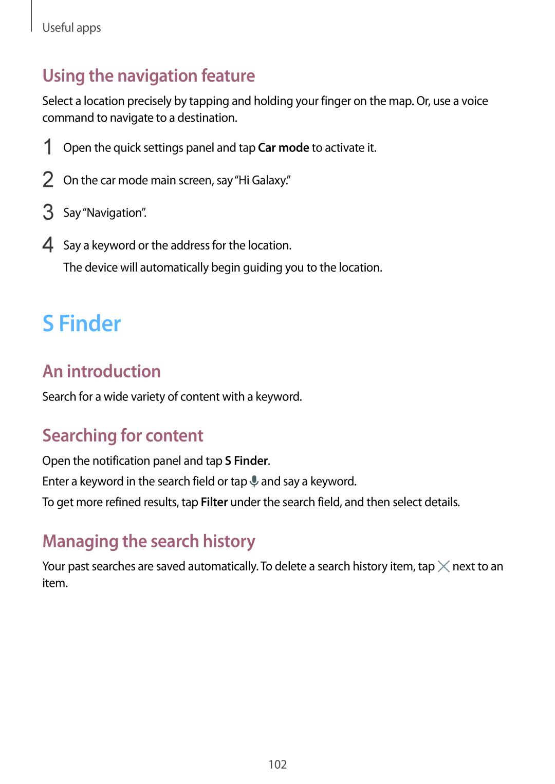 Samsung SM2N910CZDEXEH manual Finder, Using the navigation feature, Searching for content, Managing the search history 