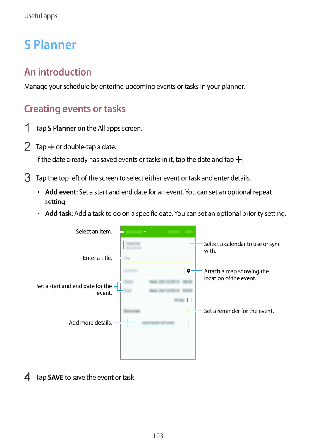 Samsung SM-N910FZWEXEH, SM-N910FZWEEUR, SM-N910FZWEDRE, SM-N910FZWECOS, SM-N910FZKESFR manual Planner, Creating events or tasks 