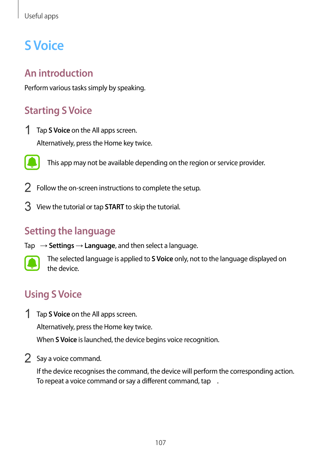 Samsung SM-N910FZKEVDH, SM-N910FZWEEUR, SM-N910FZWEDRE manual Starting S Voice, Setting the language, Using S Voice 