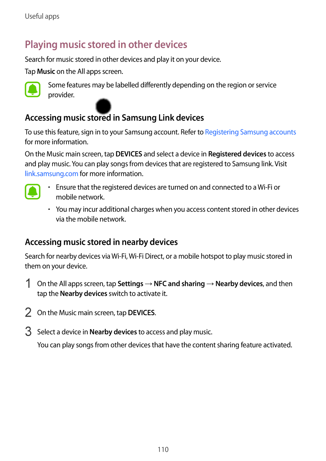 Samsung SM-N910FZDEXEH manual Playing music stored in other devices, Accessing music stored in Samsung Link devices 