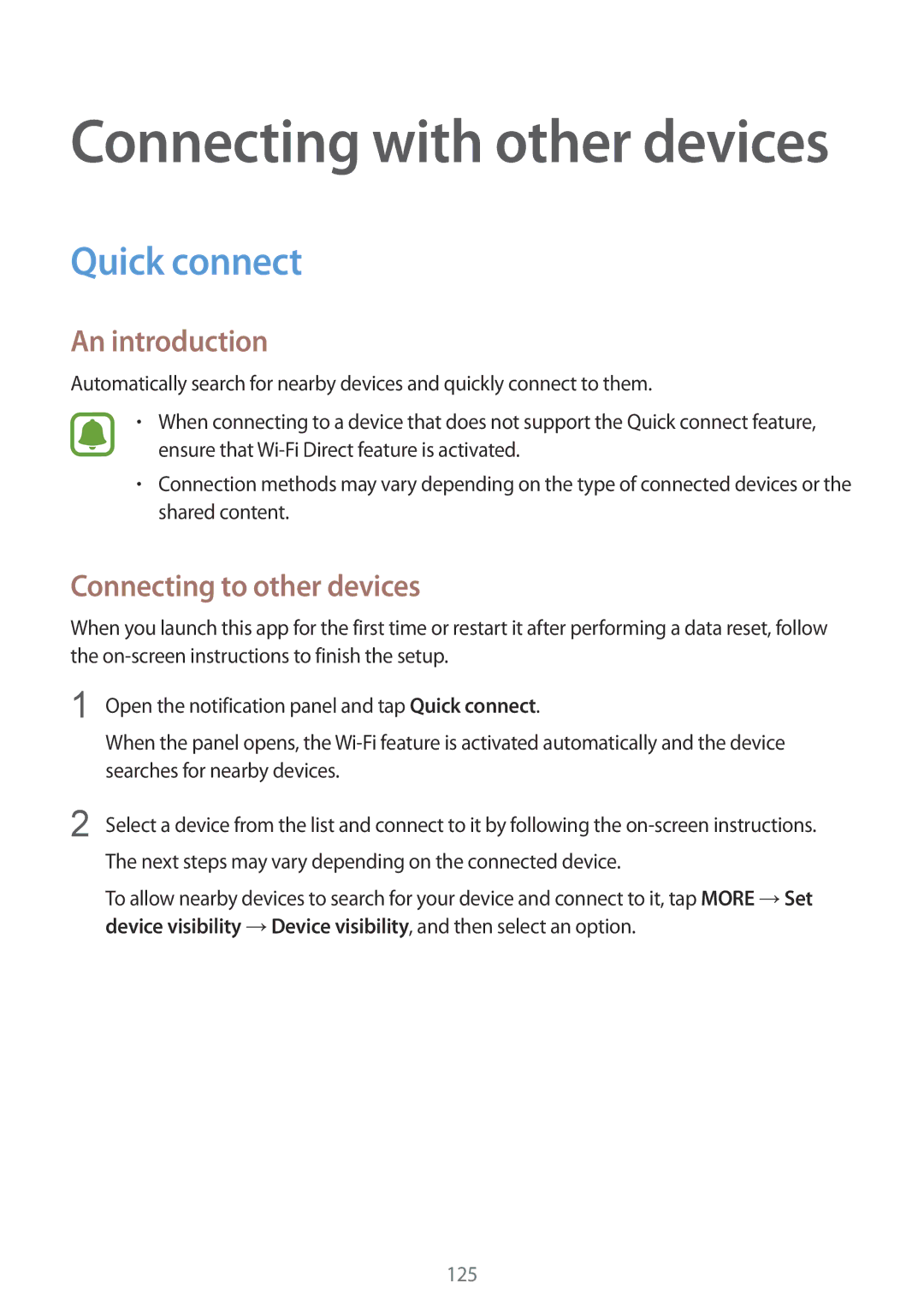 Samsung SM-N910FZDEORX, SM-N910FZWEEUR, SM-N910FZWEDRE, SM-N910FZWECOS manual Quick connect, Connecting to other devices 