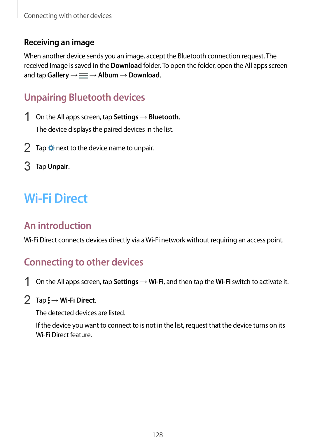 Samsung SM-N910CZWEPRT, SM-N910FZWEEUR Unpairing Bluetooth devices, Receiving an image, Tap Unpair, Tap →Wi-Fi Direct 