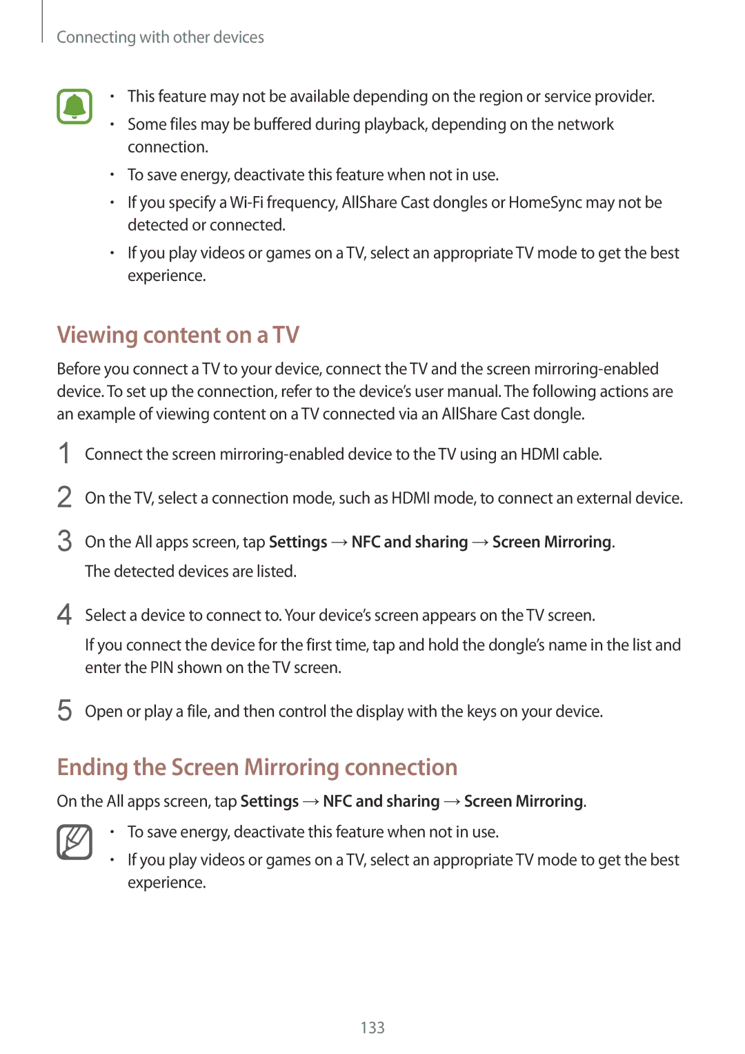 Samsung SM-N910FZIENEE, SM-N910FZWEEUR, SM-N910FZWEDRE manual Viewing content on a TV, Ending the Screen Mirroring connection 