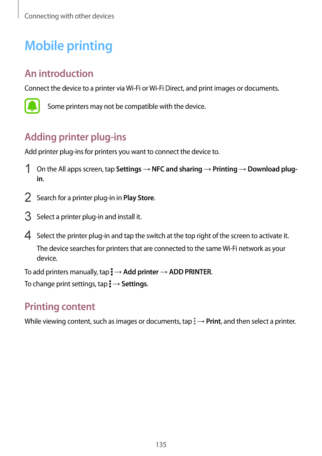 Samsung SM-N910CZKESEB, SM-N910FZWEEUR, SM-N910FZWEDRE manual Mobile printing, Adding printer plug-ins, Printing content 