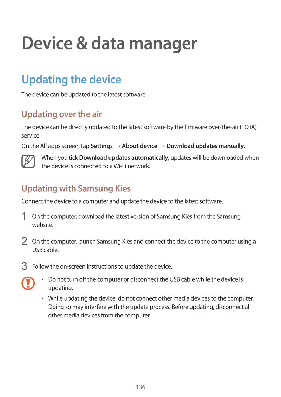 Samsung SM-N910CZDESEB manual Device & data manager, Updating the device, Updating over the air, Updating with Samsung Kies 