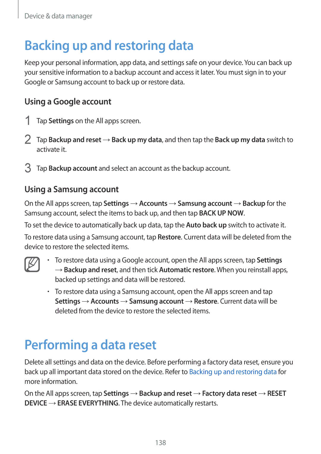 Samsung CG-N910HZWPEST, SM-N910FZWEEUR manual Backing up and restoring data, Performing a data reset, Using a Google account 