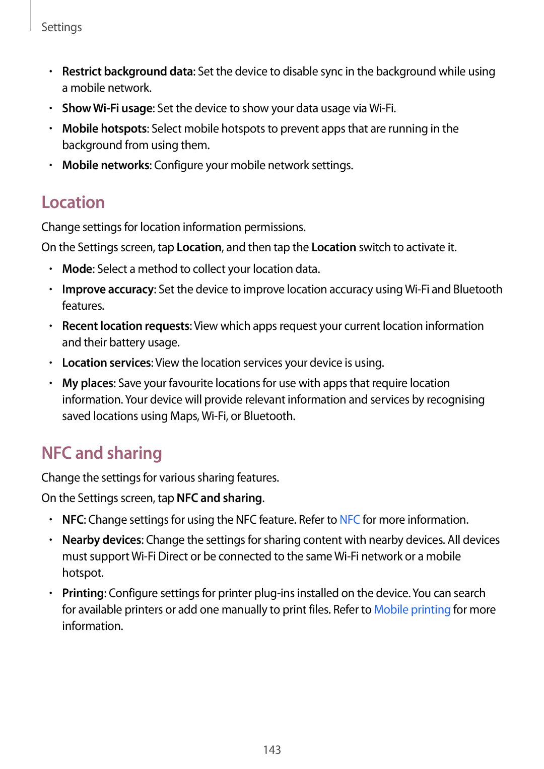 Samsung SM-N910CZWEILO, SM-N910FZWEEUR, SM-N910FZWEDRE, SM-N910FZWECOS, SM-N910FZKESFR manual Location, NFC and sharing 