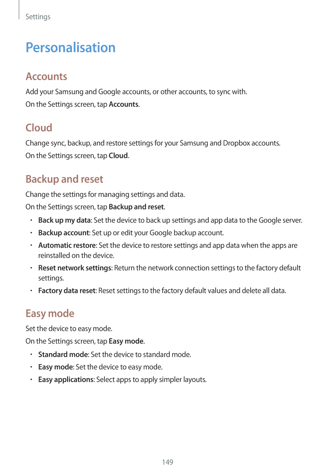 Samsung SM-N910CZIESER, SM-N910FZWEEUR, SM-N910FZWEDRE manual Personalisation, Accounts, Cloud, Backup and reset, Easy mode 