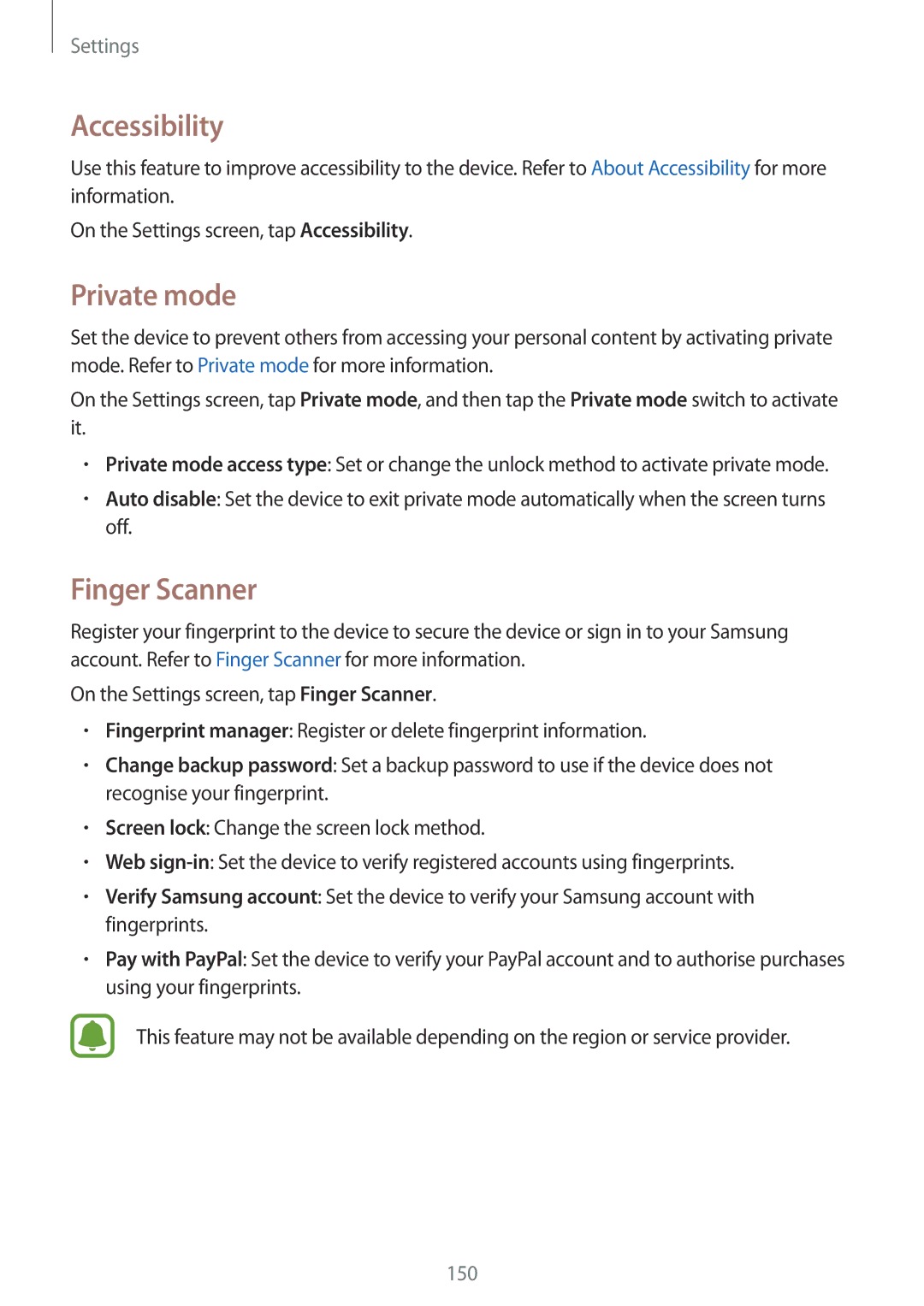 Samsung SM-N910CZDESER, SM-N910FZWEEUR, SM-N910FZWEDRE, SM-N910FZWECOS manual Accessibility, Private mode, Finger Scanner 