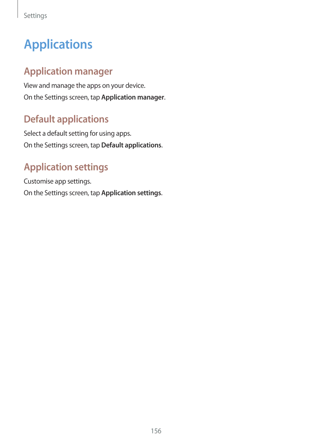 Samsung SM-N910FZKECOS, SM-N910FZWEEUR manual Applications, Application manager, Default applications, Application settings 