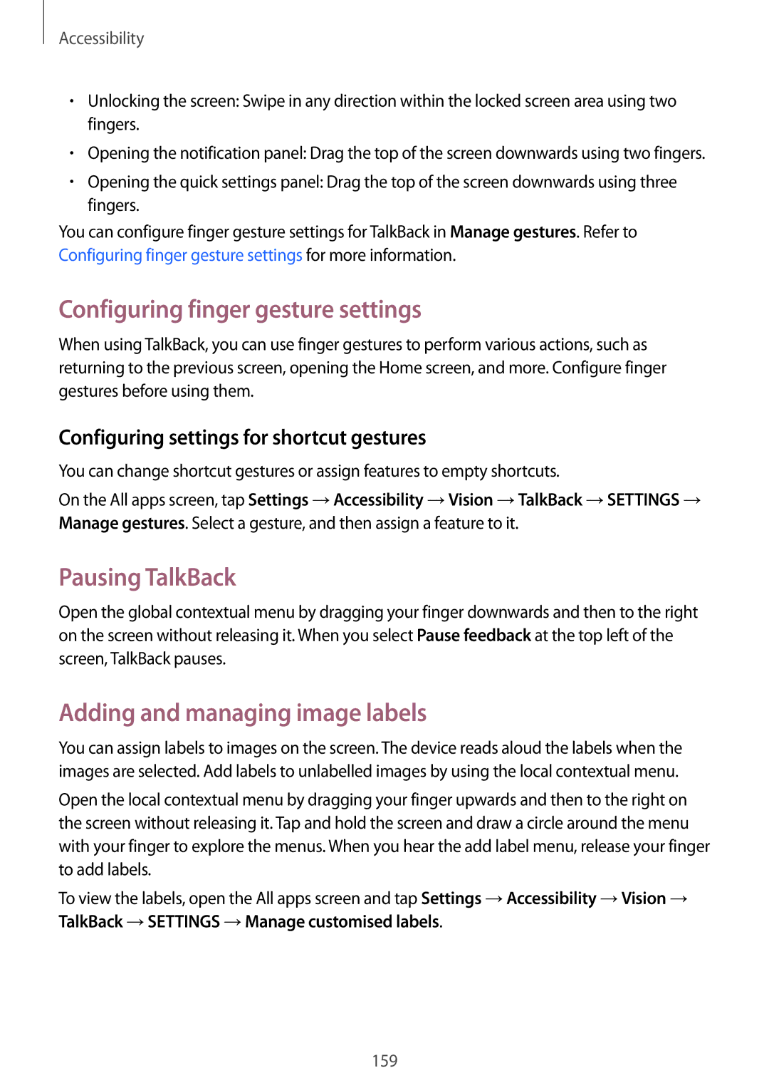 Samsung SM-N910FZWEBAL manual Configuring finger gesture settings, Pausing TalkBack, Adding and managing image labels 