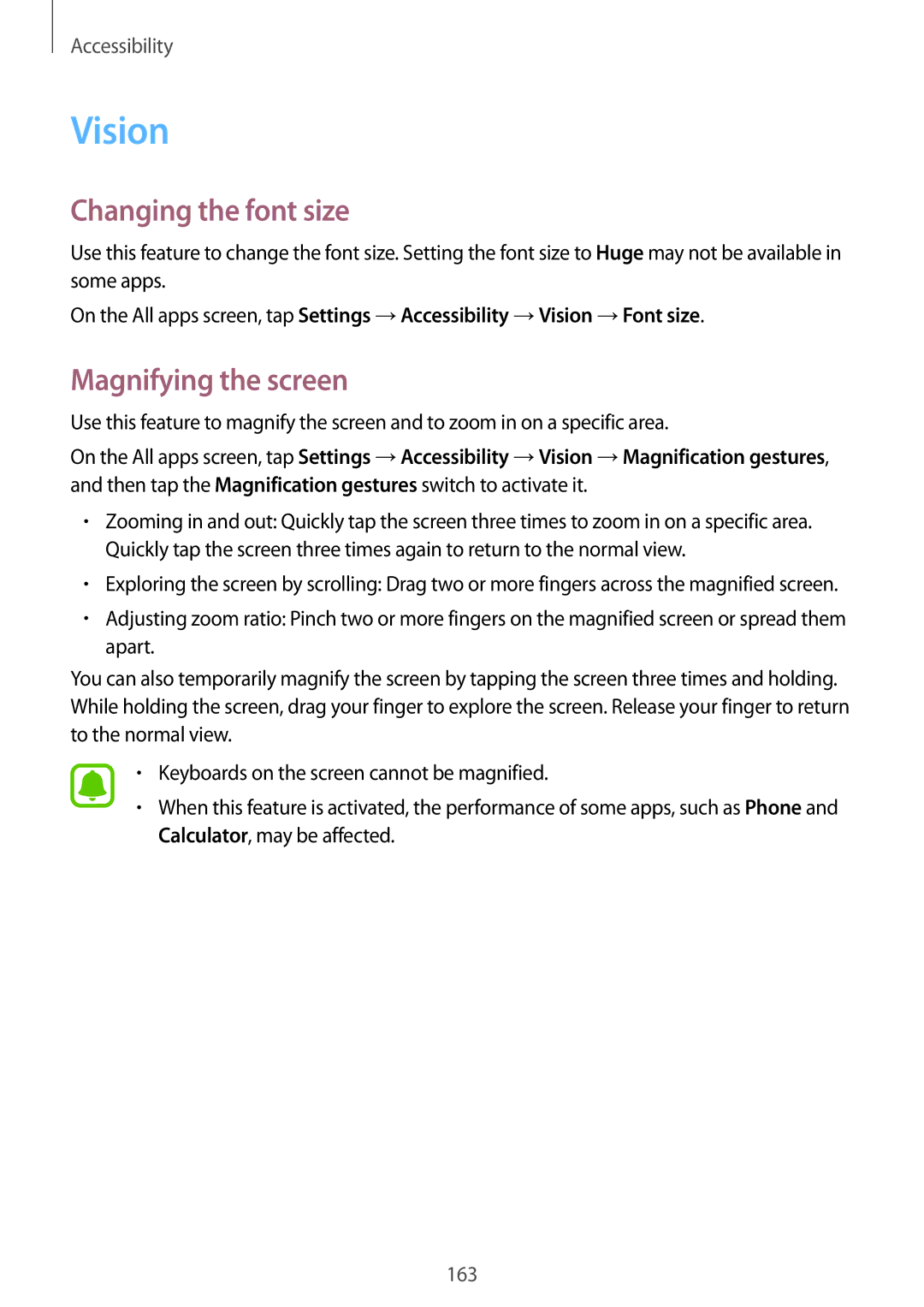 Samsung SM-N910FZDEDRE, SM-N910FZWEEUR, SM-N910FZWEDRE, SM-N910FZWECOS Vision, Changing the font size, Magnifying the screen 