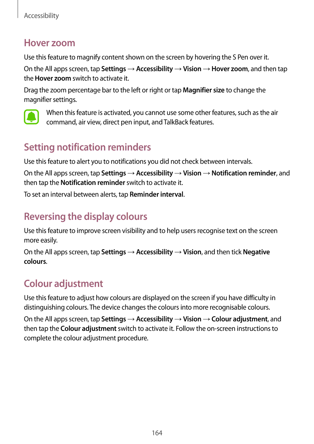 Samsung SM-N910FZWEMEO manual Hover zoom, Setting notification reminders, Reversing the display colours, Colour adjustment 