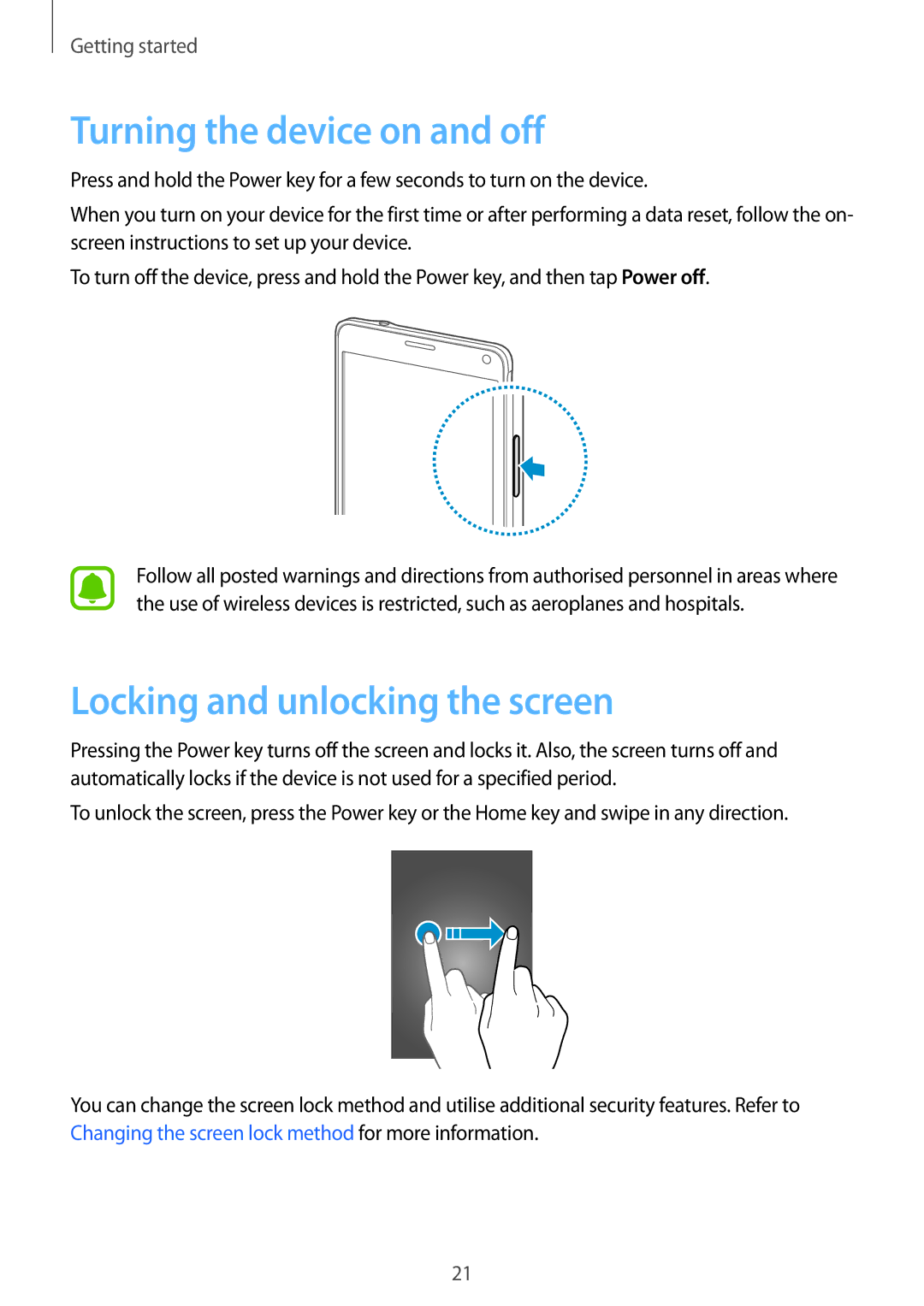 Samsung SM-N910FZWECYV, SM-N910FZWEEUR, SM-N910FZWEDRE manual Turning the device on and off, Locking and unlocking the screen 