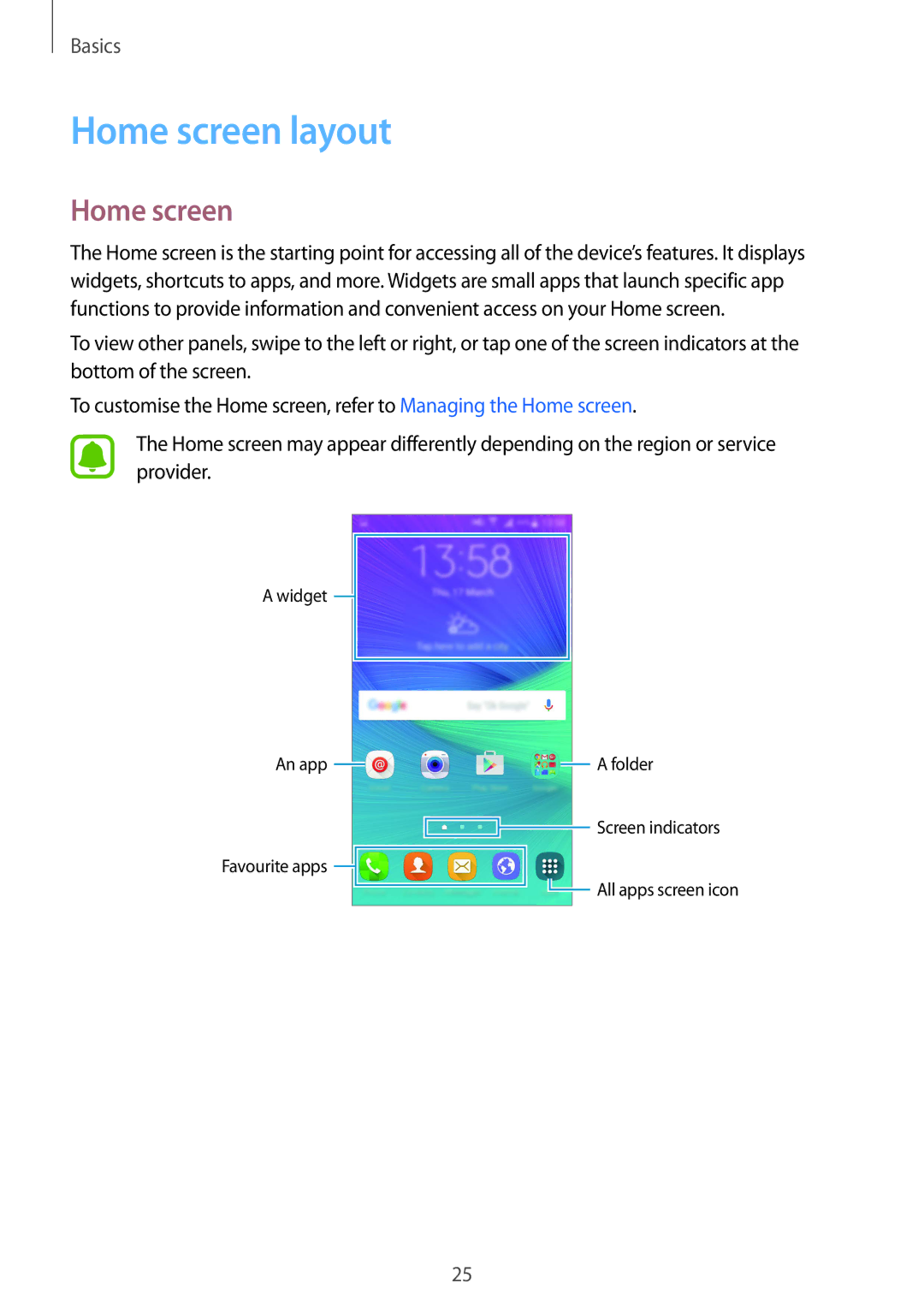 Samsung SM-N910FZDEEUR, SM-N910FZWEEUR, SM-N910FZWEDRE, SM-N910FZWECOS, SM-N910FZKESFR, SM-N910FZKEMOB manual Home screen layout 