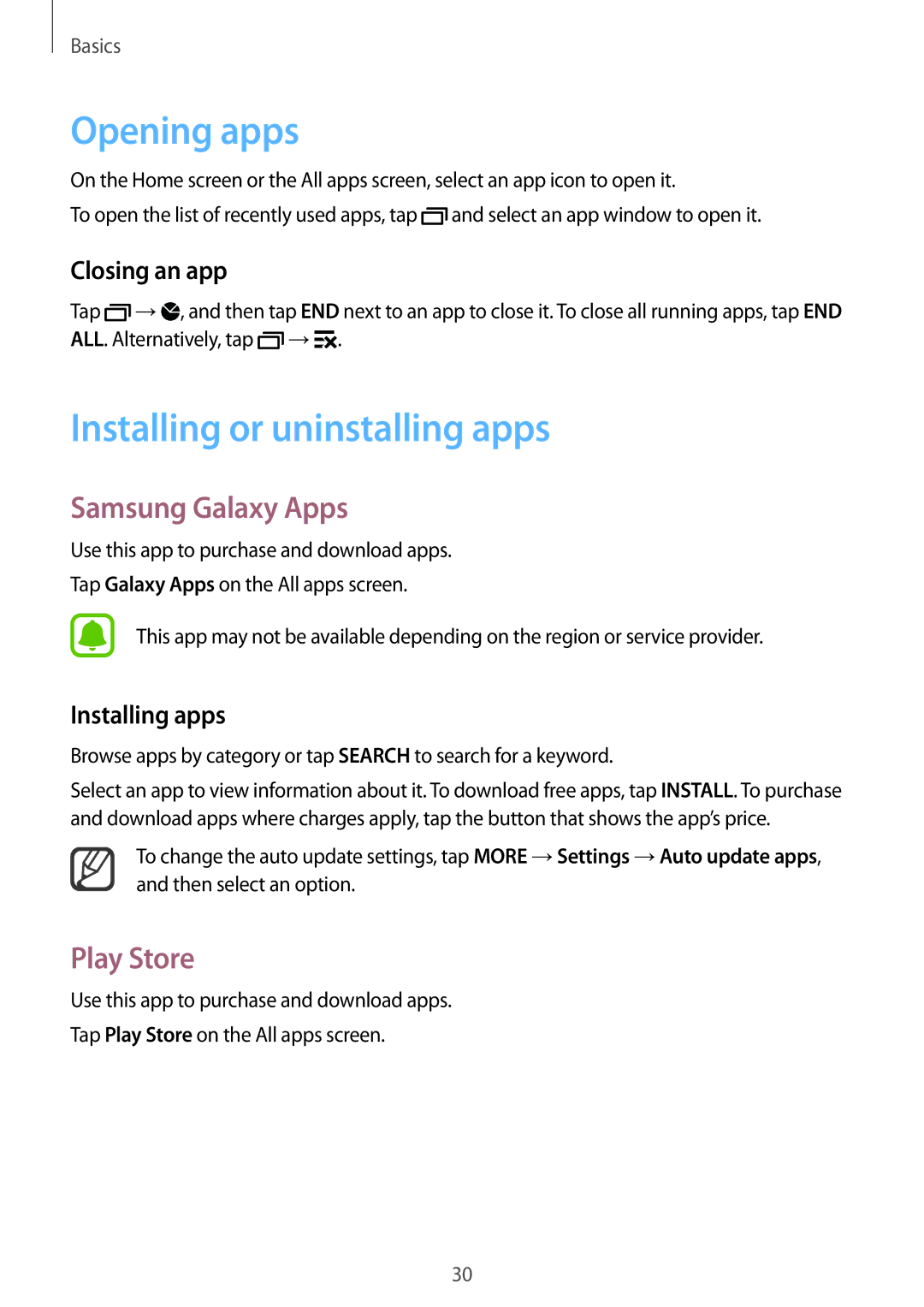 Samsung SM-N910FZWEDBT, SM-N910FZWEEUR manual Opening apps, Installing or uninstalling apps, Samsung Galaxy Apps, Play Store 