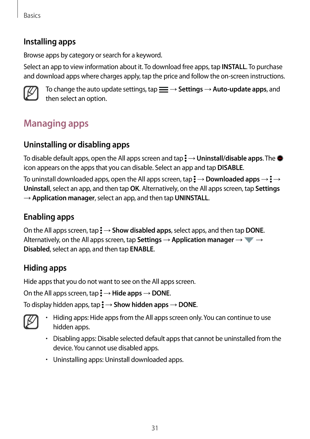 Samsung SM-N910FZKEMEO, SM-N910FZWEEUR manual Managing apps, Uninstalling or disabling apps, Enabling apps, Hiding apps 