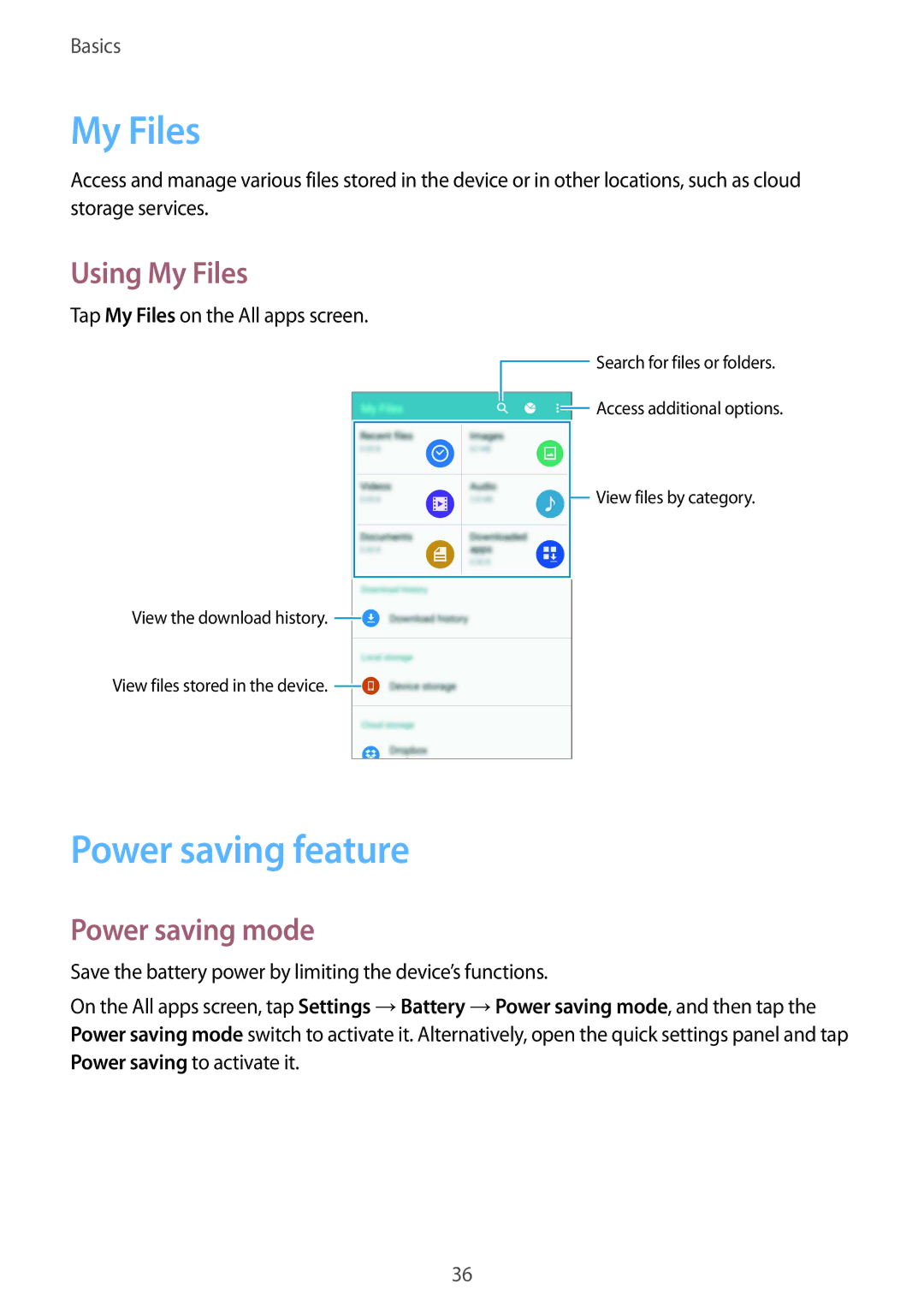 Samsung SM-N910FZIEDBT, SM-N910FZWEEUR, SM-N910FZWEDRE manual Power saving feature, Using My Files, Power saving mode 