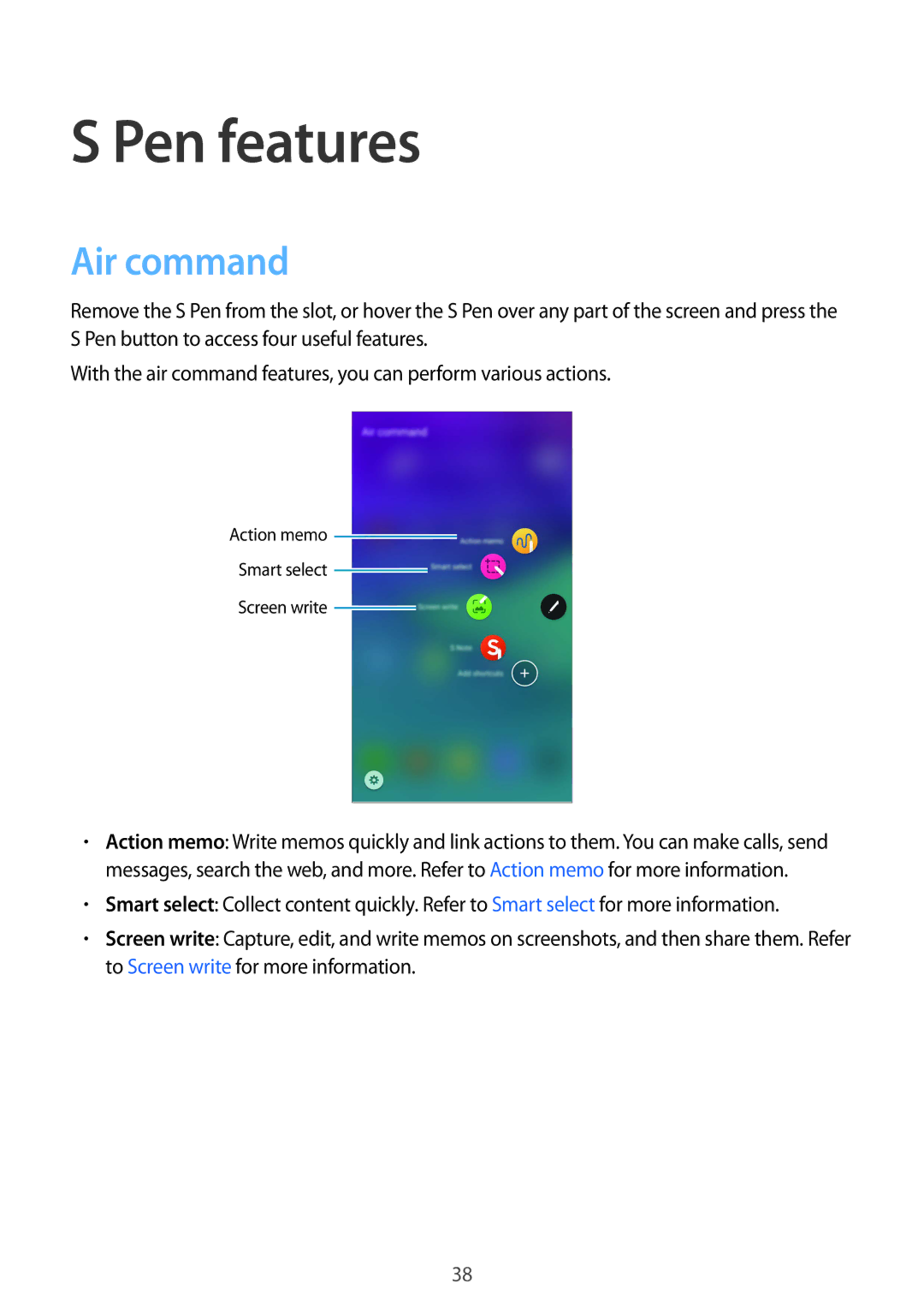 Samsung SM-N910FZKETPL, SM-N910FZWEEUR, SM-N910FZWEDRE, SM-N910FZWECOS, SM-N910FZKESFR manual Pen features, Air command 
