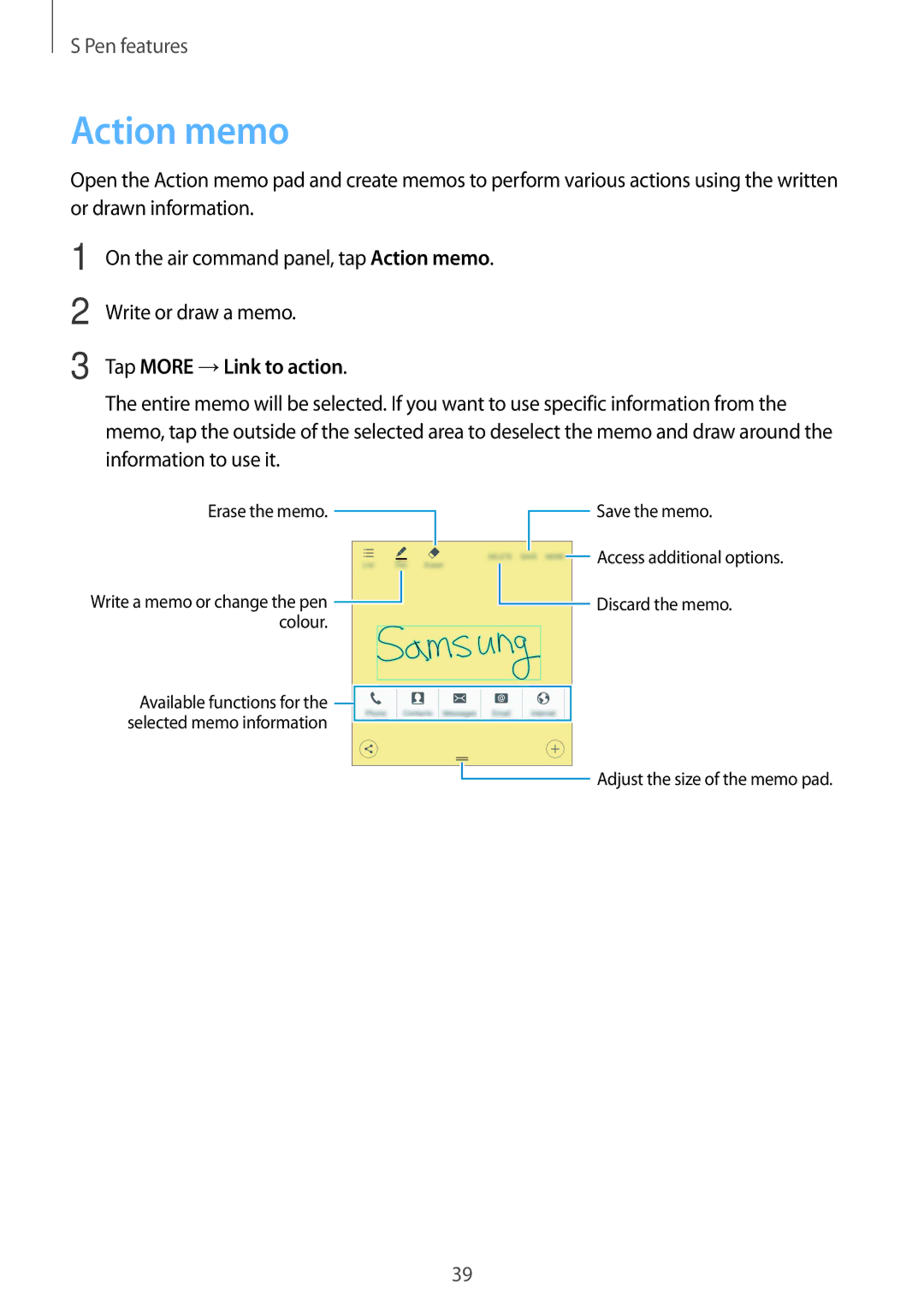 Samsung SM-N910FZKEEUR, SM-N910FZWEEUR, SM-N910FZWEDRE, SM-N910FZWECOS, SM-N910FZKESFR Action memo, Tap More →Link to action 