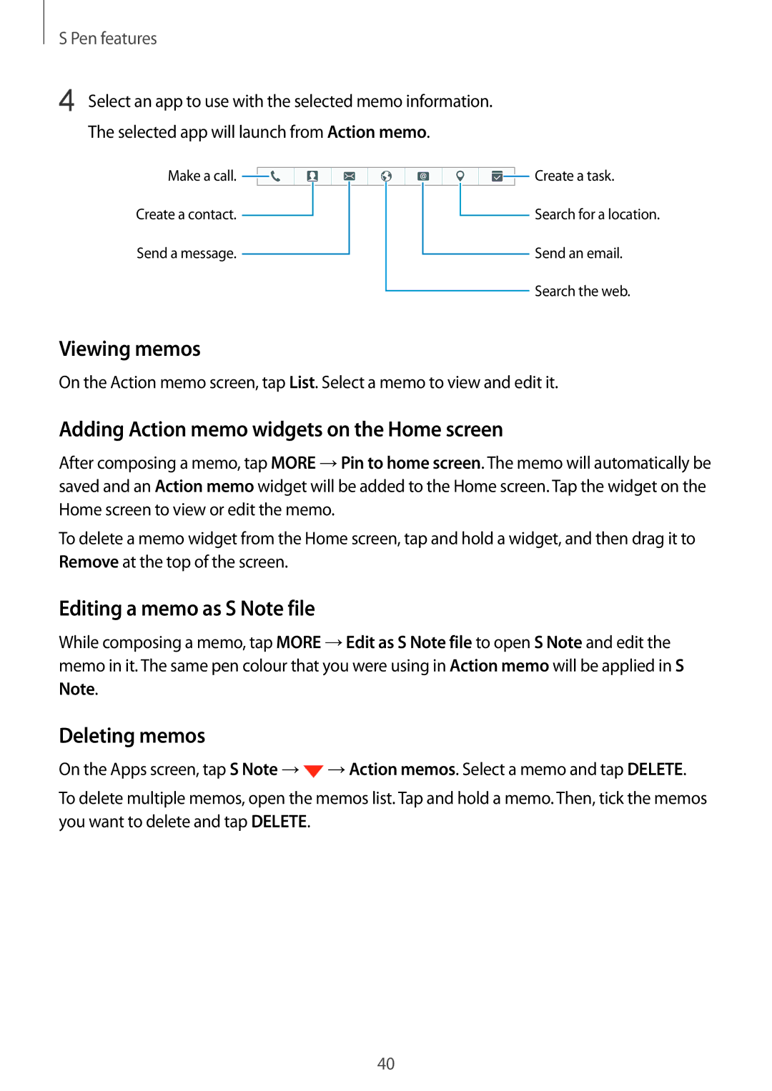 Samsung SM-N910FZKEDRE manual Viewing memos, Adding Action memo widgets on the Home screen, Editing a memo as S Note file 