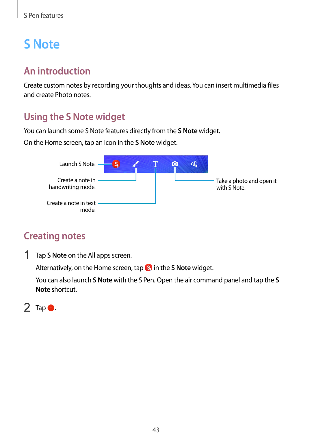 Samsung SM-N910FZKEIDE, SM-N910FZWEEUR, SM-N910FZWEDRE manual An introduction, Using the S Note widget, Creating notes 