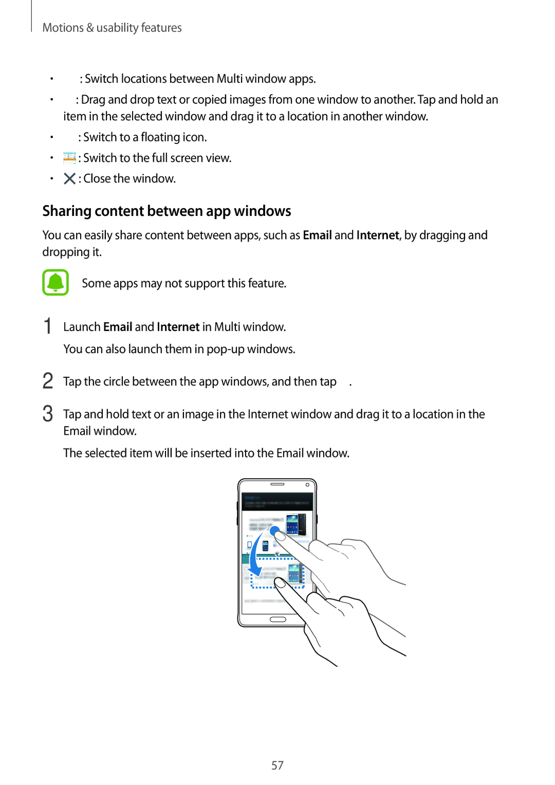 Samsung SM-N910FZKEO2U, SM-N910FZWEEUR Sharing content between app windows, Switch locations between Multi window apps 