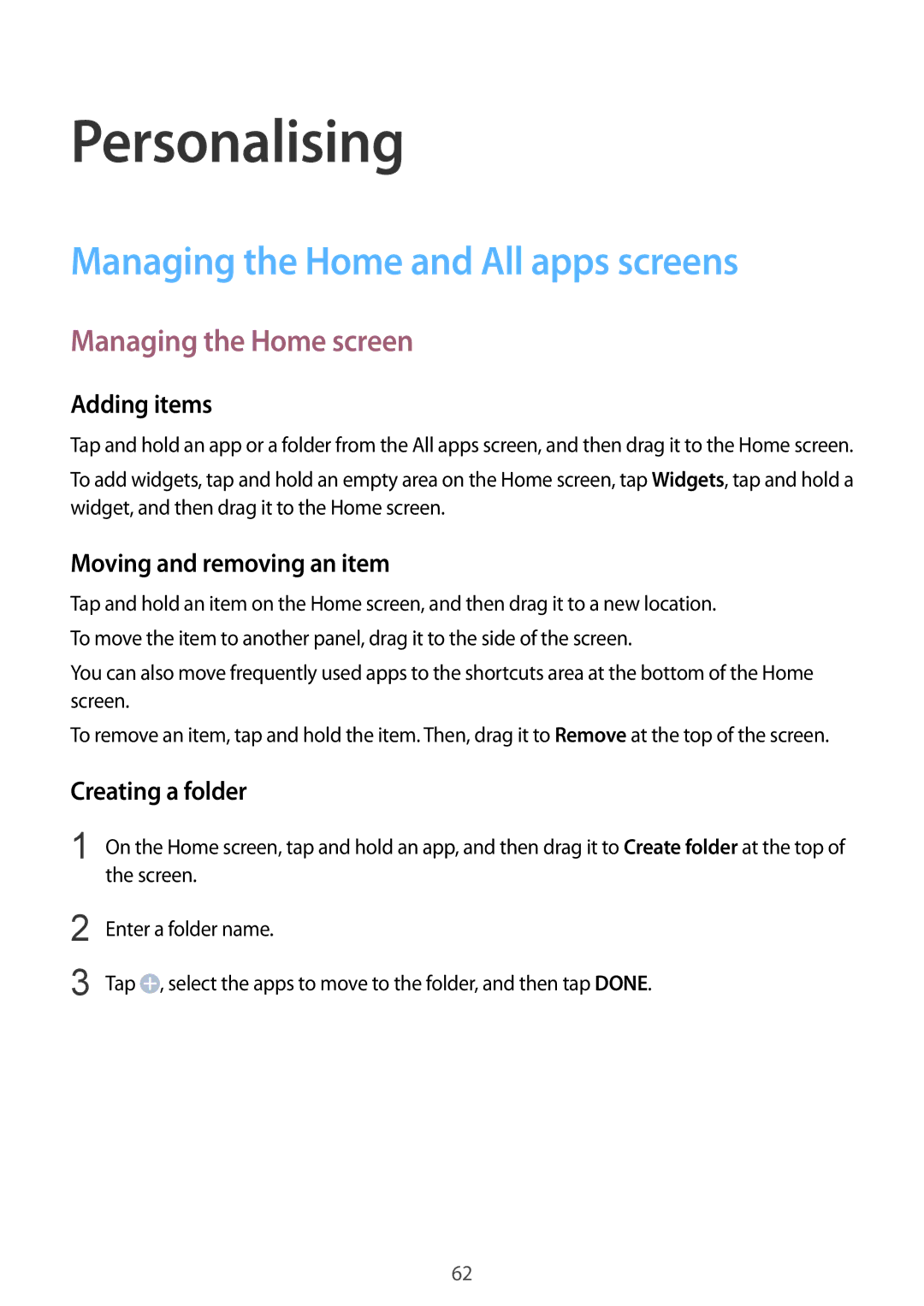 Samsung SM-N910FZWEPHN, SM-N910FZWEEUR Personalising, Managing the Home and All apps screens, Managing the Home screen 