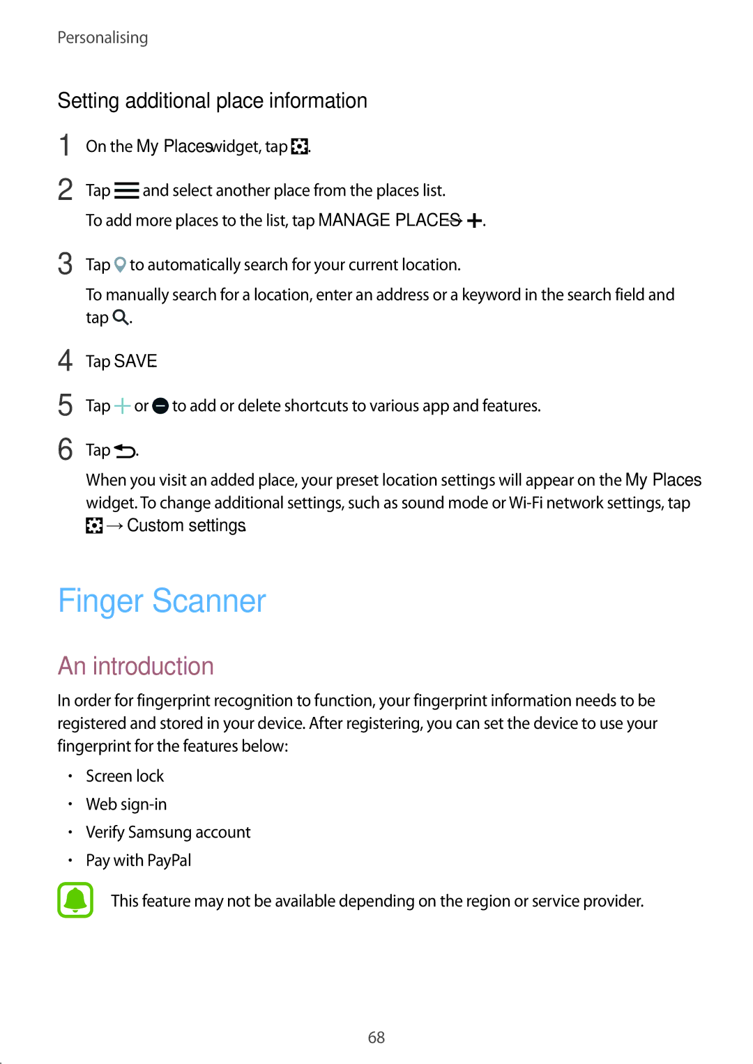 Samsung SM-N910FZKETIM, SM-N910FZWEEUR manual Finger Scanner, Setting additional place information, →Custom settings 